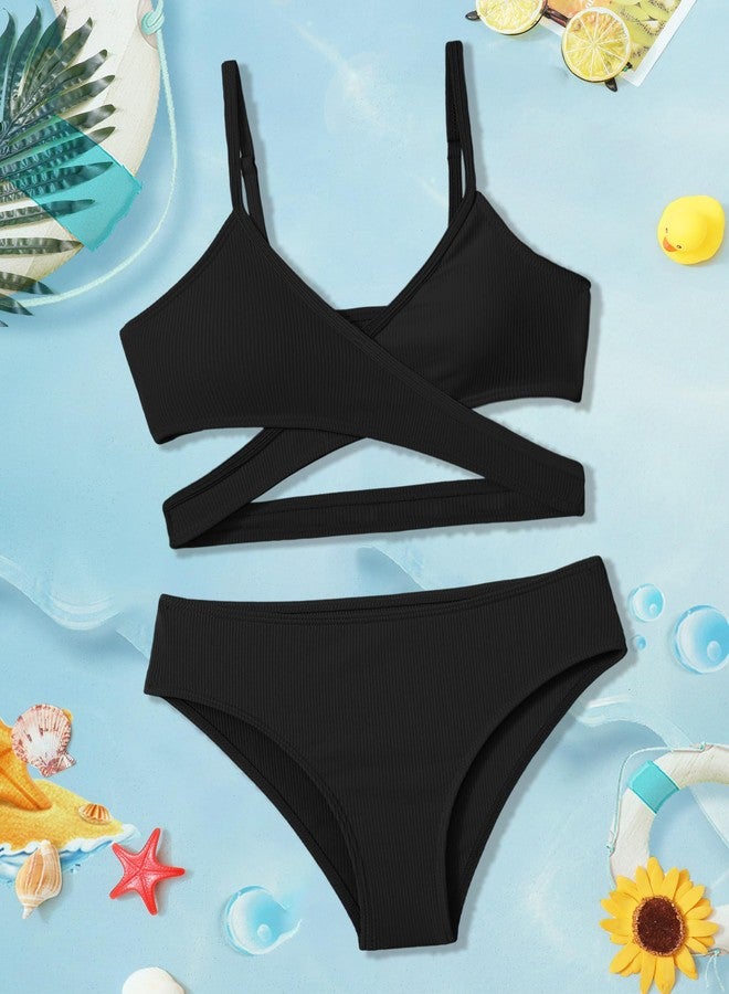 Aulyffo Girls Bathing Suit Size 10-12 Girl Swimsuit Two Piece Criss Cross Bikini V-Neck Adjustable Shoulder Straps Girls Swimwear Black - Image 4
